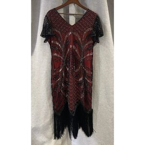 Fundaisy Womens 2XL Flapper Dress Gatsby Beaded Fringe Red Black Read